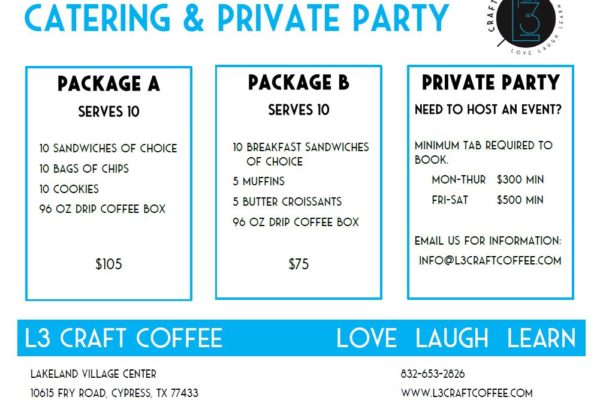 Catering & Private Party Package Special Packages to serve large groups for Breakfast, Lunch and Dinner. Party room available for private event at Cypress, TX